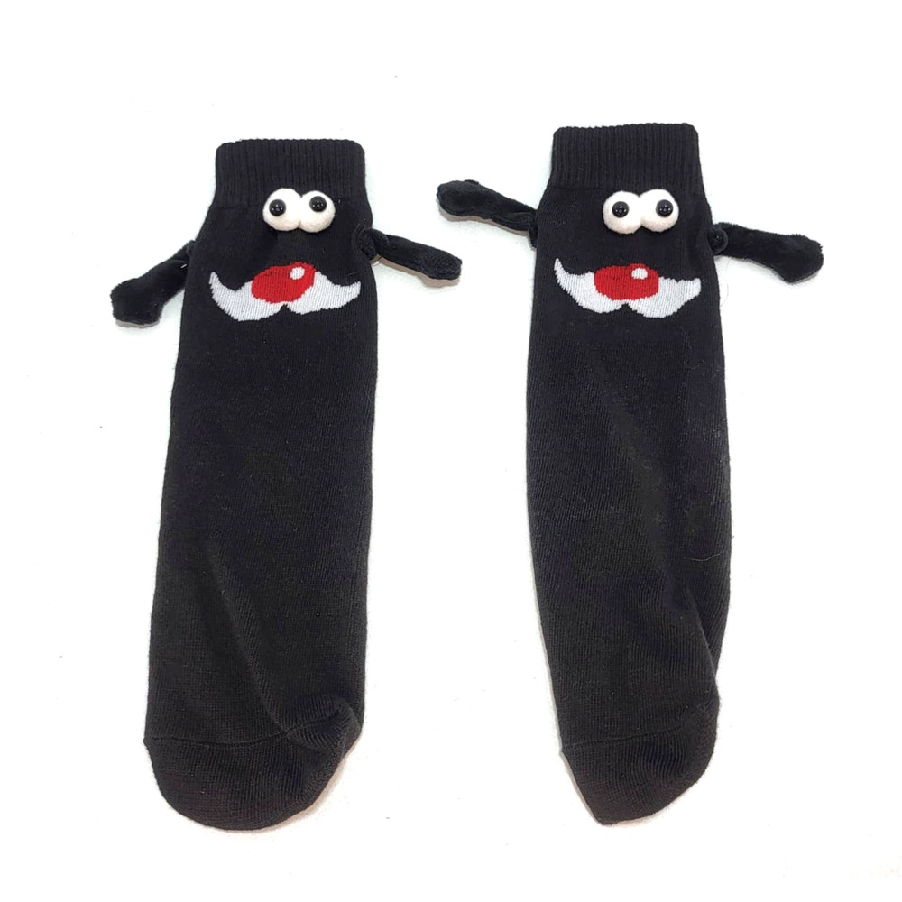 Silly Goofy Face 12" Ankle Black Socks w. Magnetic Clasping Hands Cute Fun Pair